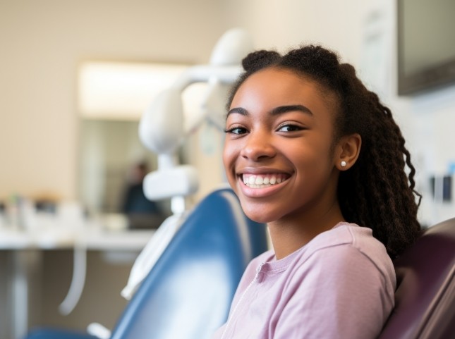 Teenage girl smiling in dental chair