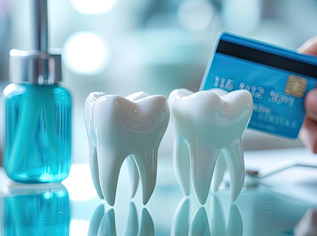 Patient holding credit card next to model teeth on reflective coutner