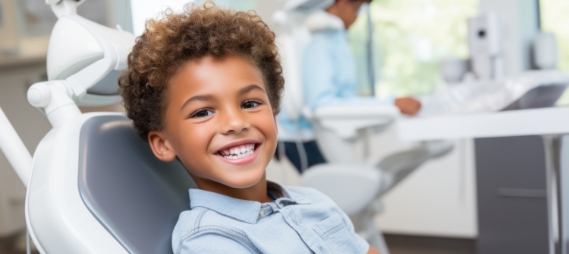 Young boy grinning in dental chair